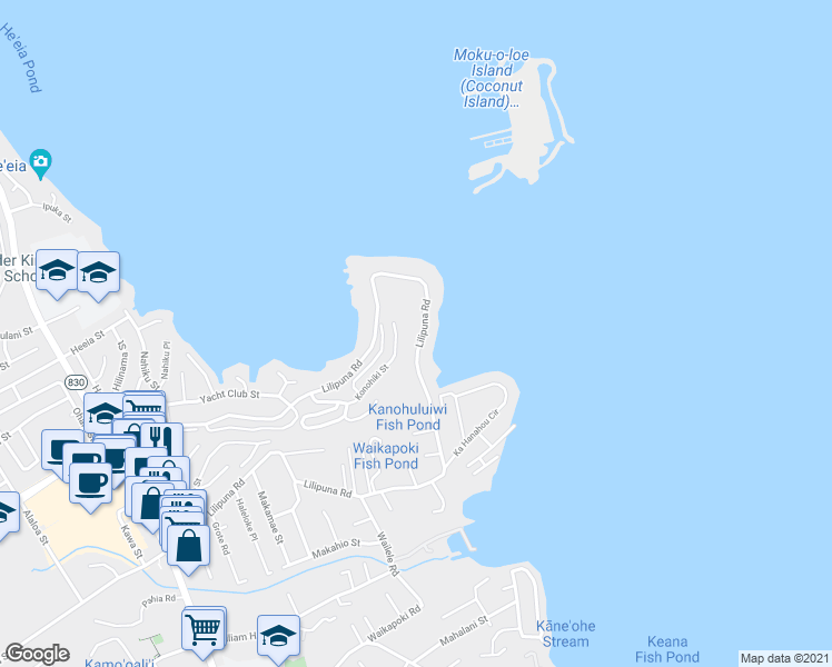 map of restaurants, bars, coffee shops, grocery stores, and more near 45-31 Lilipuna Road in Kaneohe