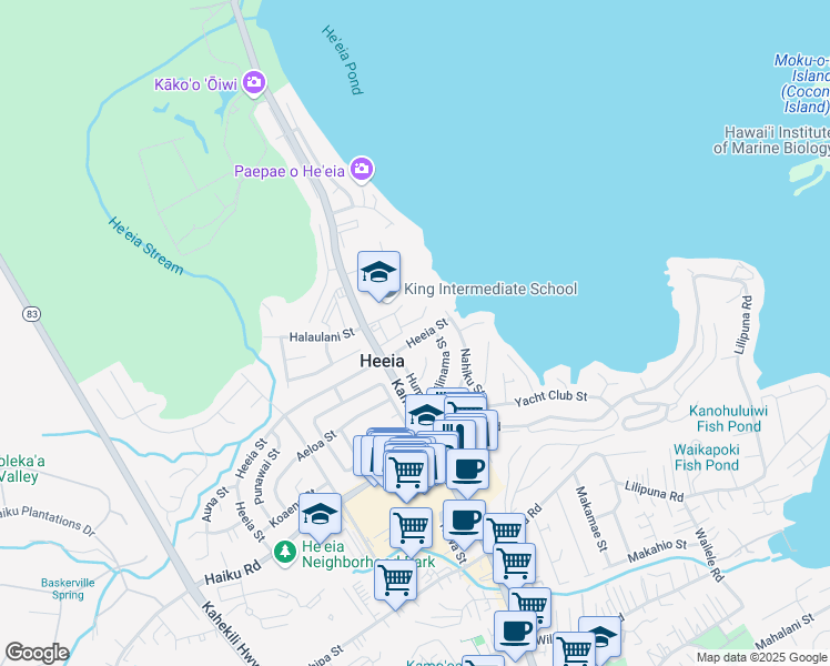 map of restaurants, bars, coffee shops, grocery stores, and more near 46-45 Heeia Street in Kaneohe