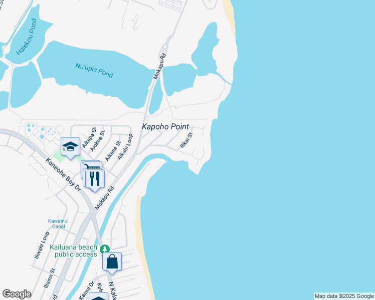 map of restaurants, bars, coffee shops, grocery stores, and more near 625 Kaimalino Street in Kailua