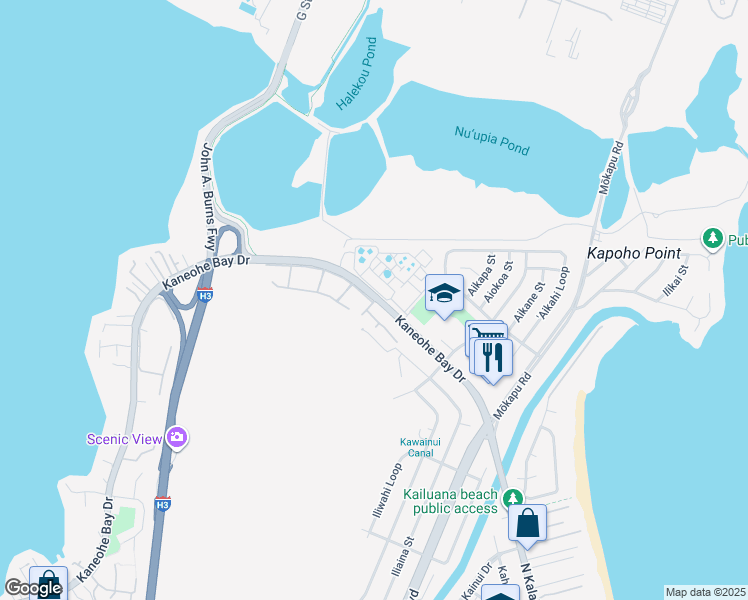 map of restaurants, bars, coffee shops, grocery stores, and more near 3211 Halia Street in Kailua