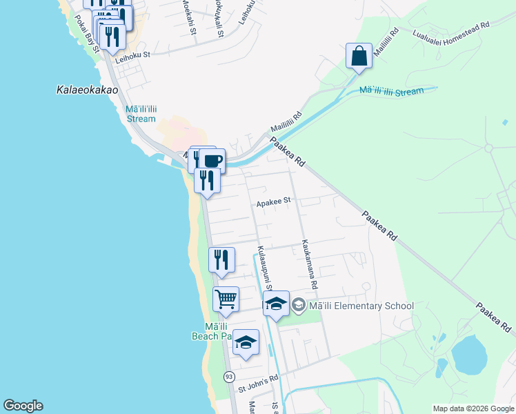 map of restaurants, bars, coffee shops, grocery stores, and more near 87-116 Kulaaupuni Street in Waianae