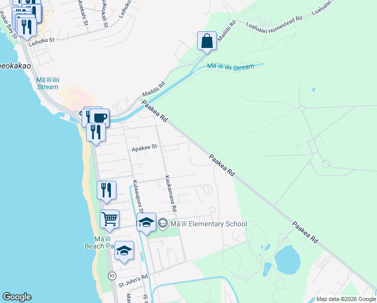 map of restaurants, bars, coffee shops, grocery stores, and more near 87-201 Paakea Road in Waianae