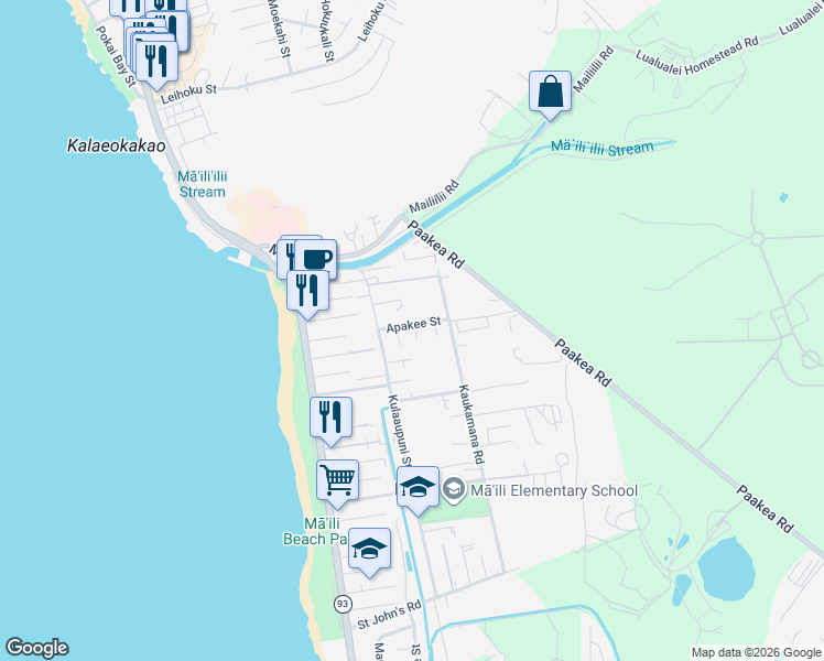 map of restaurants, bars, coffee shops, grocery stores, and more near 87-102 Kulaaupuni Street in Waianae