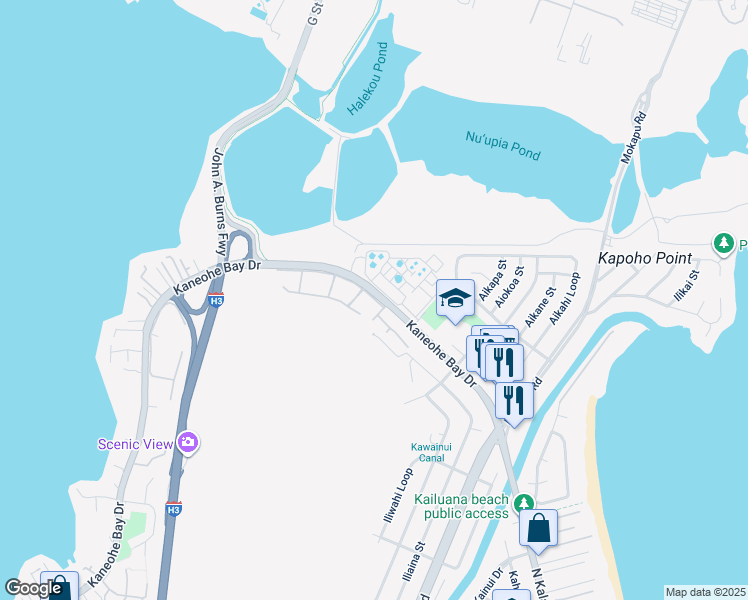 map of restaurants, bars, coffee shops, grocery stores, and more near 3211 Halia Street in Kailua