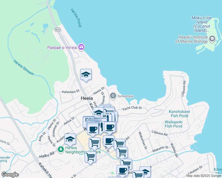 map of restaurants, bars, coffee shops, grocery stores, and more near 46-159 Nahiku Street in Kaneohe