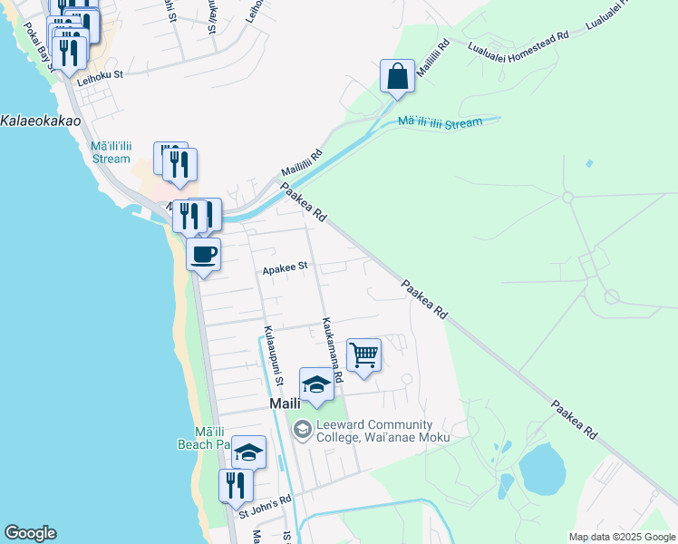 map of restaurants, bars, coffee shops, grocery stores, and more near 87-169 Paakea Road in Waianae