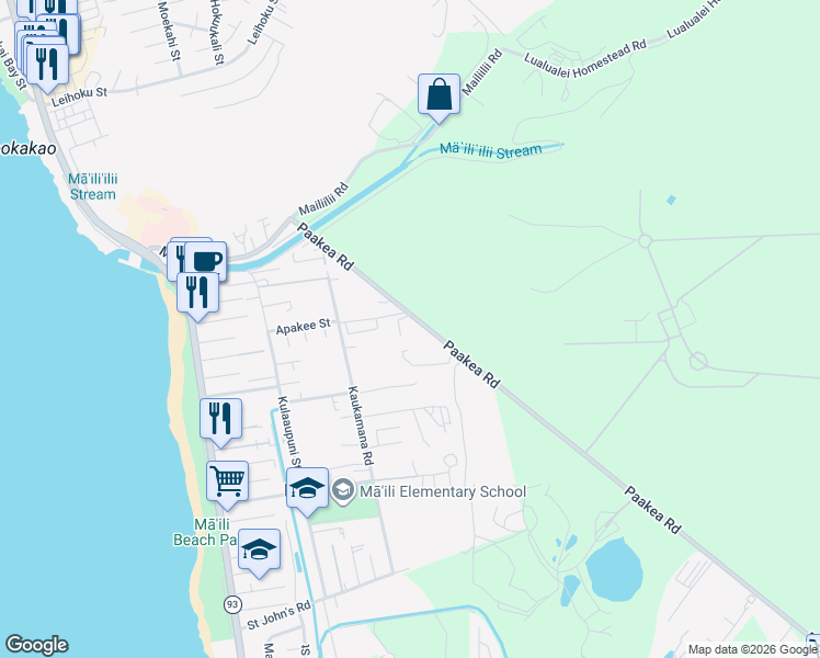 map of restaurants, bars, coffee shops, grocery stores, and more near 87-201 Paakea Road in Waianae