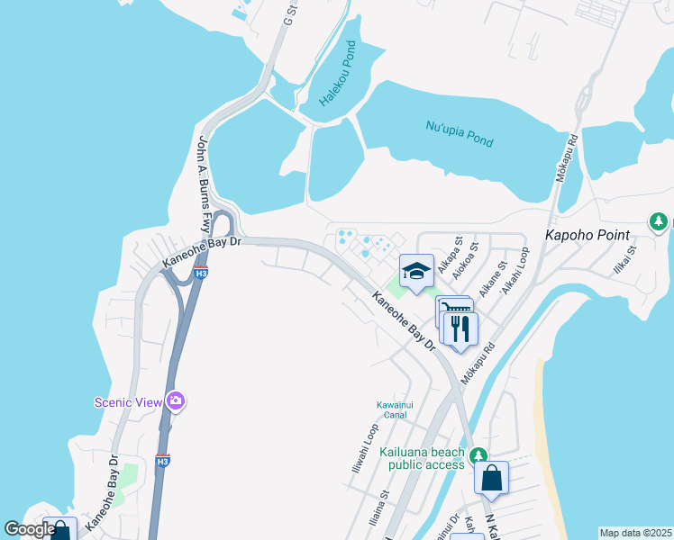 map of restaurants, bars, coffee shops, grocery stores, and more near 3211 Halia Street in Kailua