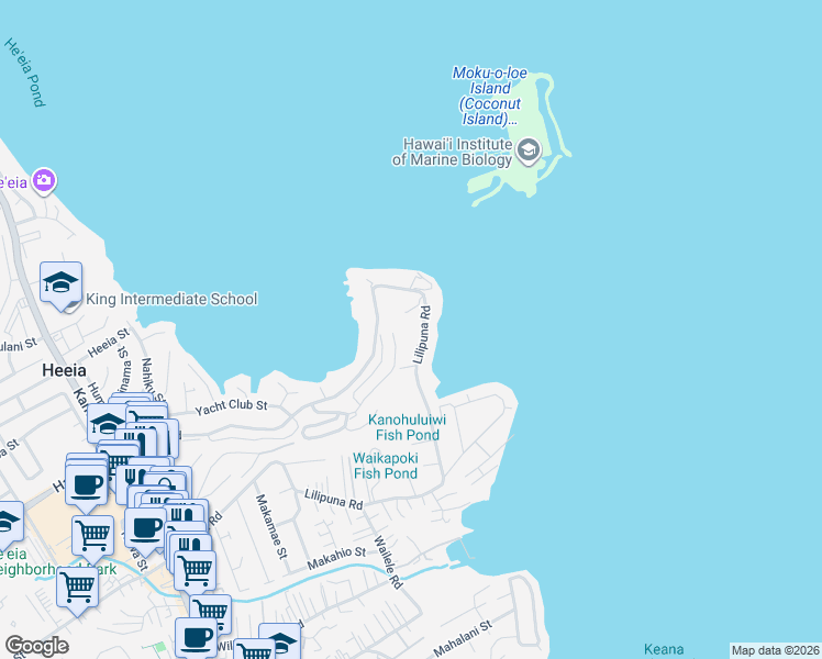 map of restaurants, bars, coffee shops, grocery stores, and more near 45-31 Lilipuna Road in Kaneohe