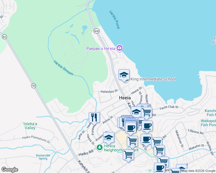 map of restaurants, bars, coffee shops, grocery stores, and more near 46-138 Halaulani Street in Kaneohe