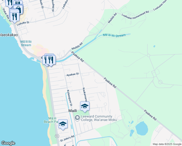 map of restaurants, bars, coffee shops, grocery stores, and more near 87-169 Paakea Road in Waianae