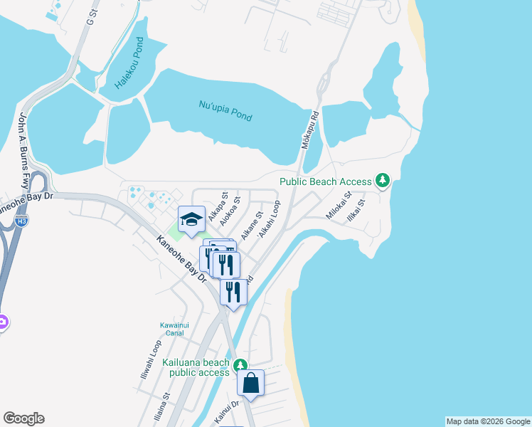 map of restaurants, bars, coffee shops, grocery stores, and more near 19 Aimikana Street in Kailua