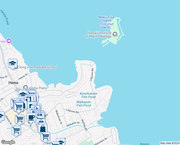 map of restaurants, bars, coffee shops, grocery stores, and more near 45 Lilipuna Road in Kaneohe
