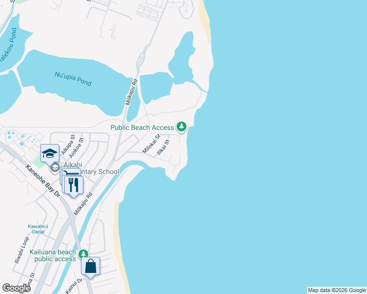 map of restaurants, bars, coffee shops, grocery stores, and more near 607 Milokai Street in Kailua
