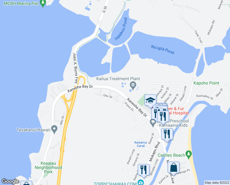 map of restaurants, bars, coffee shops, grocery stores, and more near in Kailua