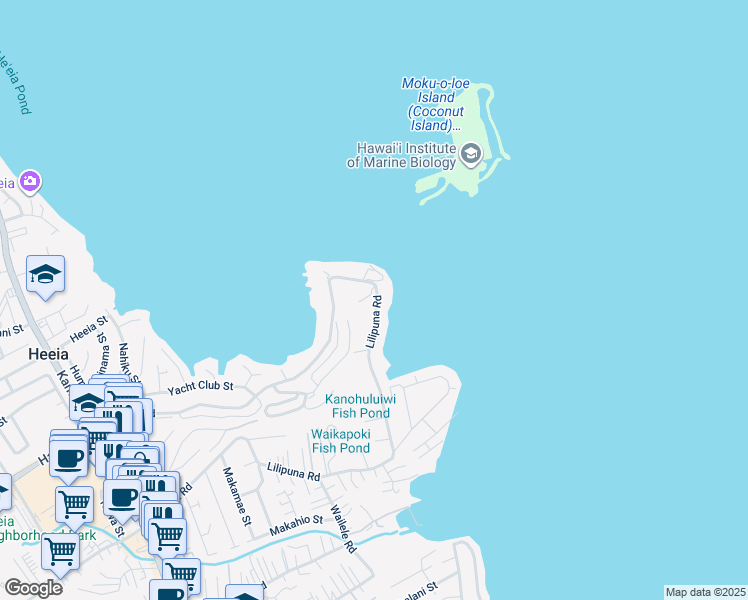 map of restaurants, bars, coffee shops, grocery stores, and more near 45011 Lilipuna Road in Kaneohe