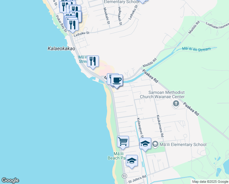 map of restaurants, bars, coffee shops, grocery stores, and more near 87-118 Kakalena Street in Waianae