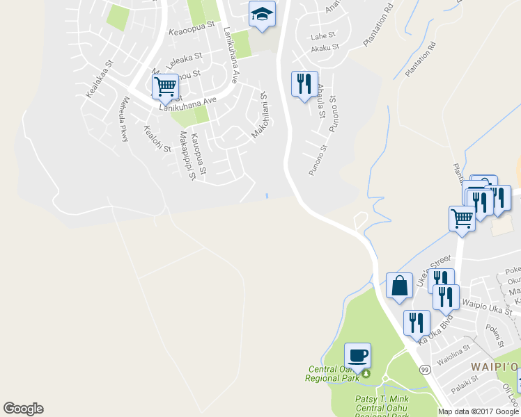 map of restaurants, bars, coffee shops, grocery stores, and more near 94-417 Makapipipi Street in Mililani