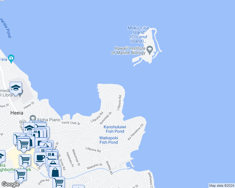 map of restaurants, bars, coffee shops, grocery stores, and more near 45011 Lilipuna Road in Kaneohe