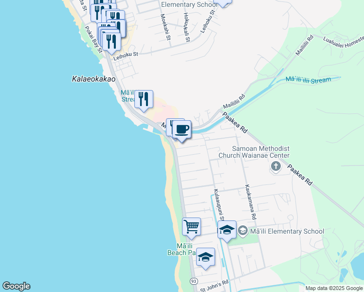 map of restaurants, bars, coffee shops, grocery stores, and more near 87-118 Kakalena Street in Waianae