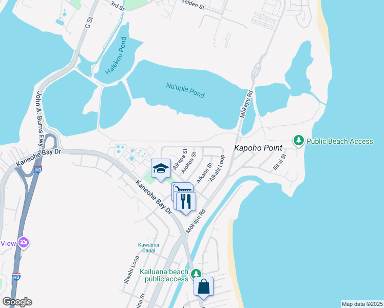 map of restaurants, bars, coffee shops, grocery stores, and more near 209 Aiokoa Street in Kailua