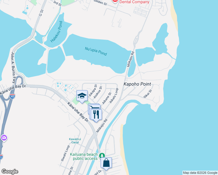 map of restaurants, bars, coffee shops, grocery stores, and more near 19 Aimikana Street in Kailua