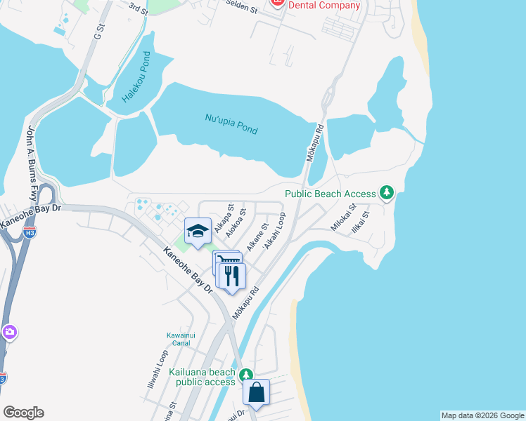 map of restaurants, bars, coffee shops, grocery stores, and more near 19 Aimikana Street in Kailua