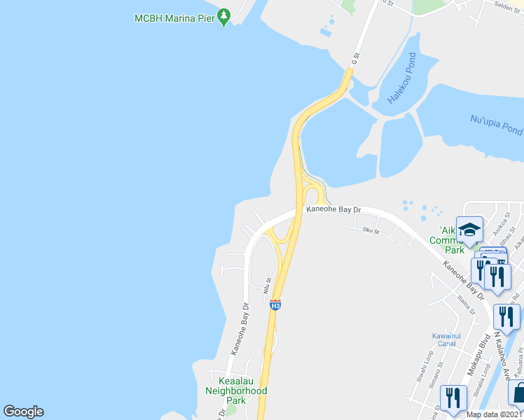 map of restaurants, bars, coffee shops, grocery stores, and more near 44-295 Kaneohe Bay Drive in Kaneohe