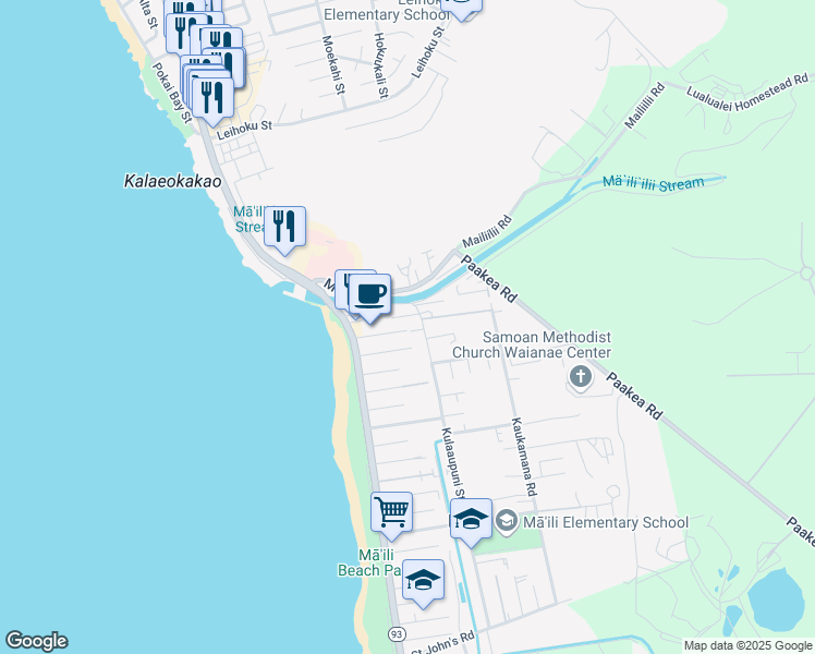 map of restaurants, bars, coffee shops, grocery stores, and more near 87-49 Kulaaupuni Street in Waianae