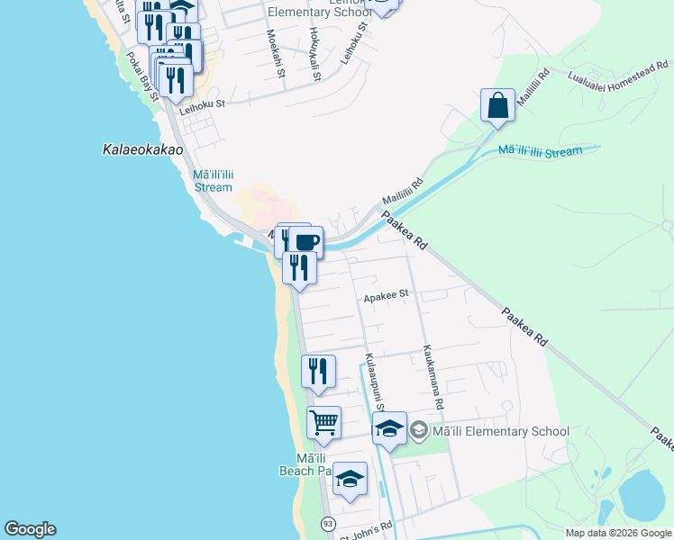 map of restaurants, bars, coffee shops, grocery stores, and more near 87-049 Kulaaupuni Street in Waianae