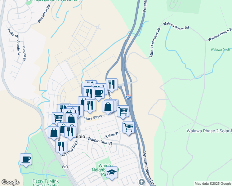 map of restaurants, bars, coffee shops, grocery stores, and more near 1299 Ka Uka Boulevard in Waipahu