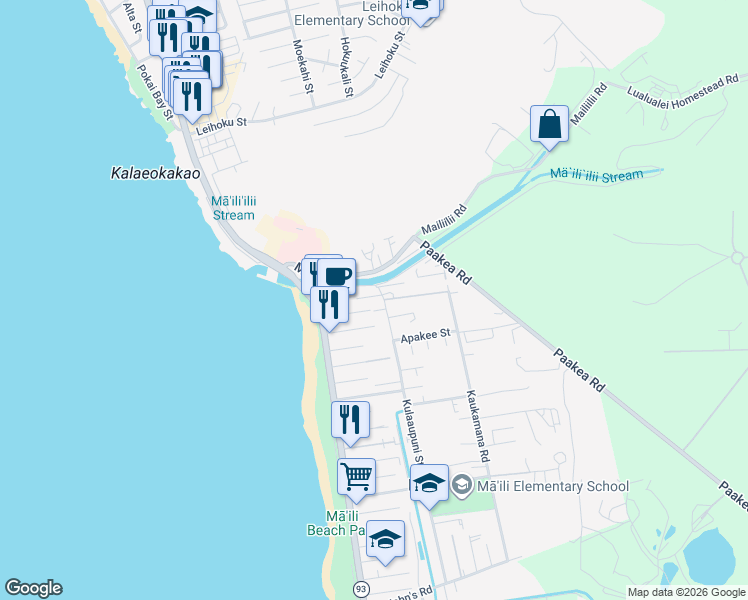 map of restaurants, bars, coffee shops, grocery stores, and more near 87-037 Kulaaupuni Street in Waianae