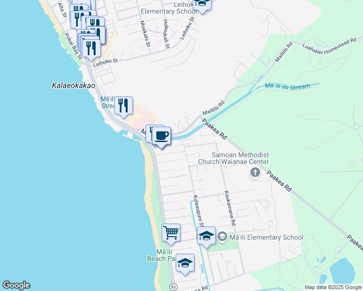 map of restaurants, bars, coffee shops, grocery stores, and more near 87-49 Kulaaupuni Street in Waianae