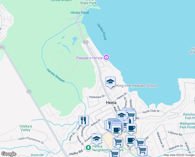 map of restaurants, bars, coffee shops, grocery stores, and more near 46-238 Kuukama Street in Kailua
