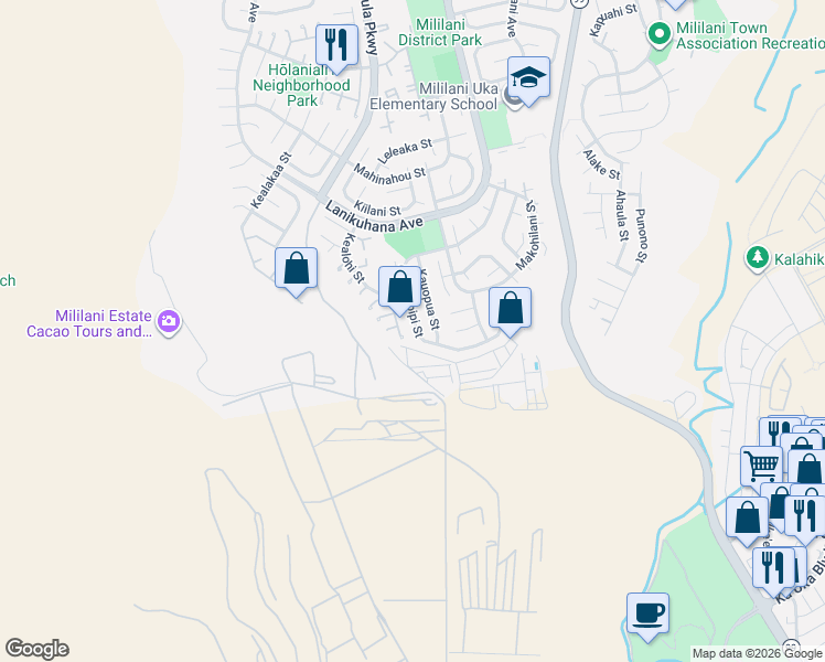 map of restaurants, bars, coffee shops, grocery stores, and more near 94-343 Makapipipi Street in Mililani