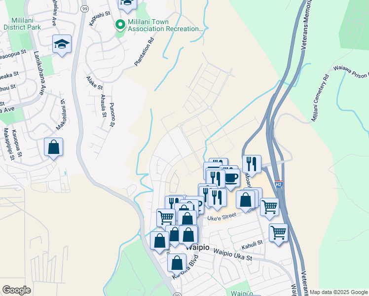 map of restaurants, bars, coffee shops, grocery stores, and more near Plantation Road in Waipahu