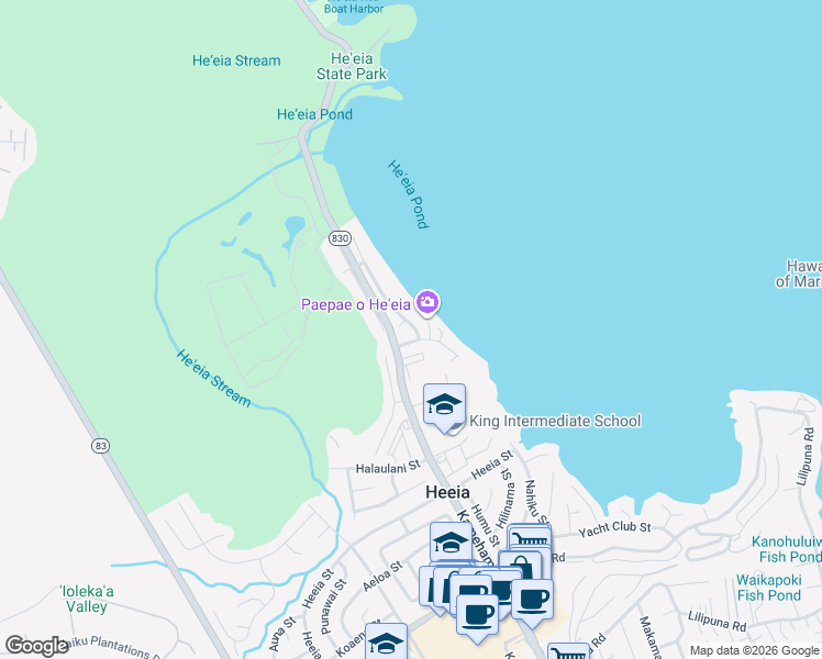 map of restaurants, bars, coffee shops, grocery stores, and more near 46-90 Ipuka Street in Kaneohe