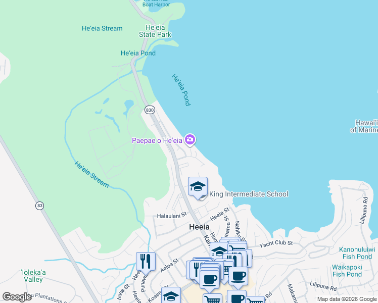 map of restaurants, bars, coffee shops, grocery stores, and more near 46-90 Ipuka Street in Kaneohe