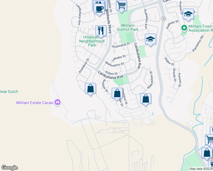 map of restaurants, bars, coffee shops, grocery stores, and more near 94-243 Ihumoe Place in Mililani
