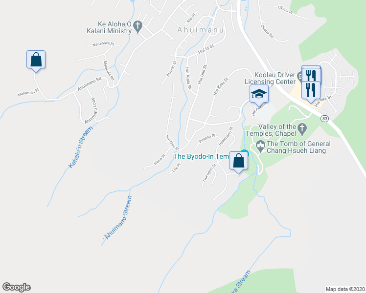 map of restaurants, bars, coffee shops, grocery stores, and more near 47-572 Hui Kelu Street in Kaneohe