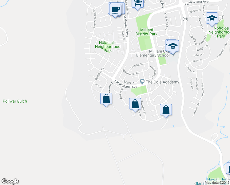 map of restaurants, bars, coffee shops, grocery stores, and more near 94-243 Ihumoe Place in Mililani