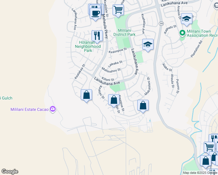 map of restaurants, bars, coffee shops, grocery stores, and more near 94-277 Makapipipi Street in Mililani