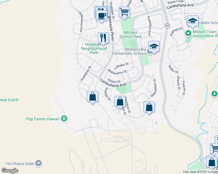 map of restaurants, bars, coffee shops, grocery stores, and more near 94-225 Kumumao Place in Mililani