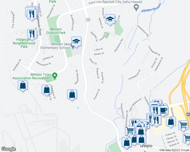 map of restaurants, bars, coffee shops, grocery stores, and more near 94-1032 Ahahui Place in Mililani