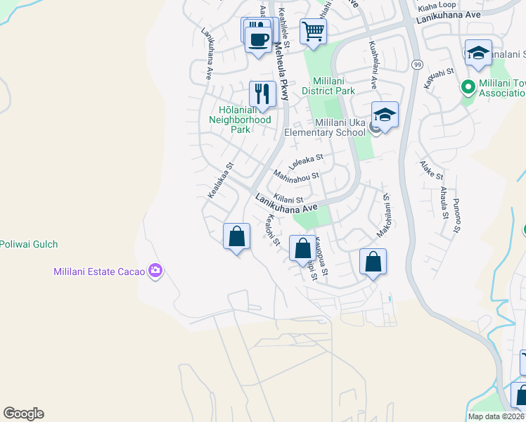map of restaurants, bars, coffee shops, grocery stores, and more near 94-225 Kumumao Place in Mililani