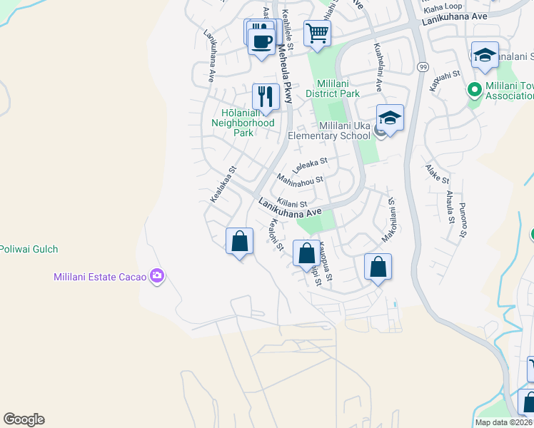 map of restaurants, bars, coffee shops, grocery stores, and more near 94-225 Kumumao Place in Mililani