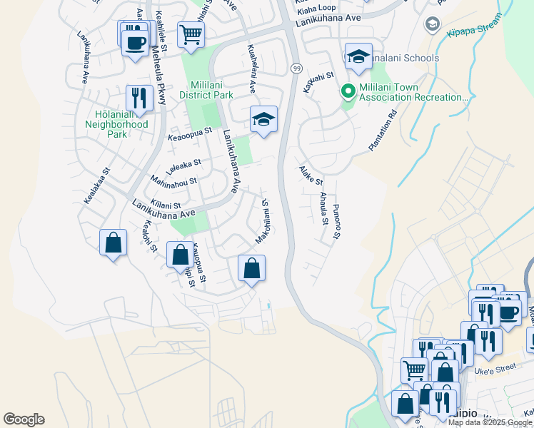 map of restaurants, bars, coffee shops, grocery stores, and more near 172 Oliona Place in Mililani