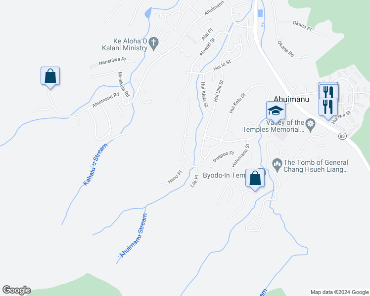 map of restaurants, bars, coffee shops, grocery stores, and more near 47-514 Hui Kelu Street in Kaneohe