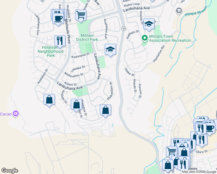 map of restaurants, bars, coffee shops, grocery stores, and more near 94-502 Oliona Place in Mililani