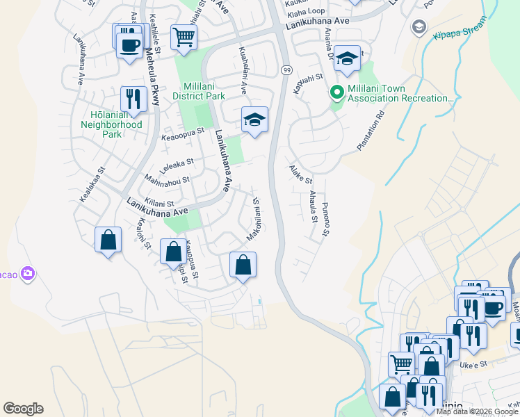 map of restaurants, bars, coffee shops, grocery stores, and more near 94-502 Oliona Place in Mililani